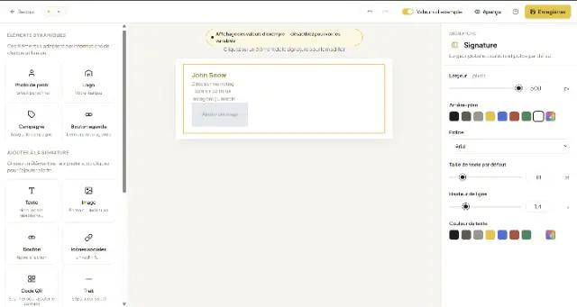 L'éditeur de signatures Signally, avec un gabarit de signature mail